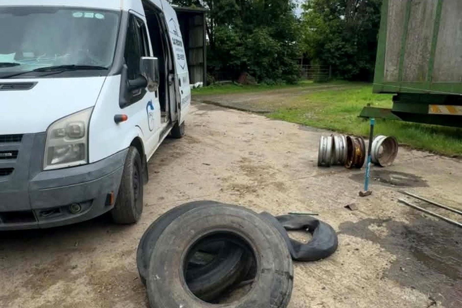 C&C Recovery mobile breakdown and tyre van beside a large tyre during a tyre change job at Ballycullane